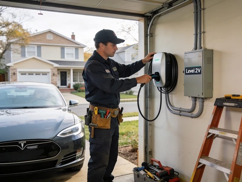 Licensed electrician installing a Level 2 EV charger in a Nassau County NY home garage